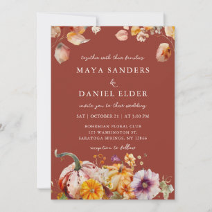 Convite Casamento Aconchegante com Flores de Outono e Abób