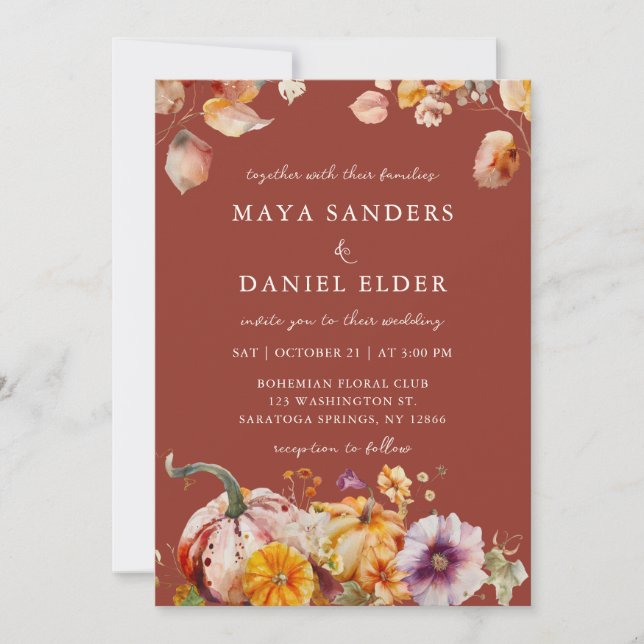 Convite Casamento Aconchegante com Flores de Outono e Abób (Frente)