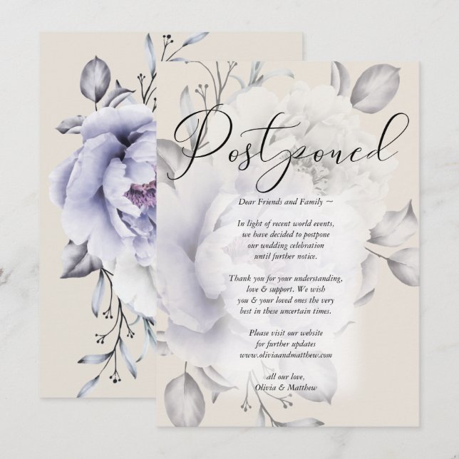 Convite Casamento Adiado de Watercolor Lilac Peony (Frente/Verso)