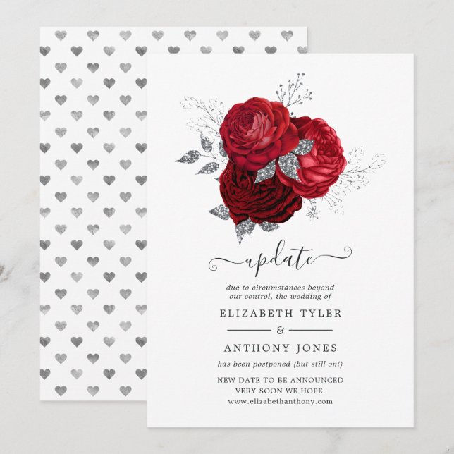 Convite Casamento Adiado Floral Vermelho e Prata (Frente/Verso)