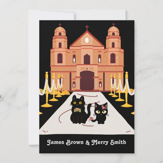 Convite Casamento Adorável da Igreja de Dois Gatos Negros (Frente)