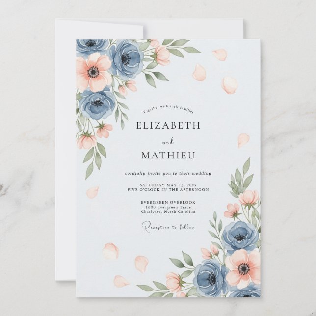 Convite Casamento Aéreo Azul Empoeirado de Primavera (Frente)