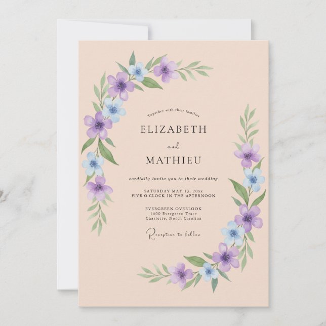 Convite Casamento Aéreo de Primavera com Lavanda e Pêssego (Frente)