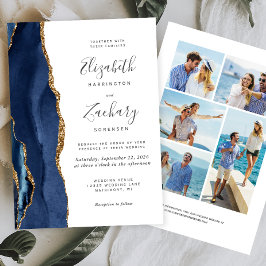 Convite Casamento Ágata Azul Naval Dourado 5-Fotos