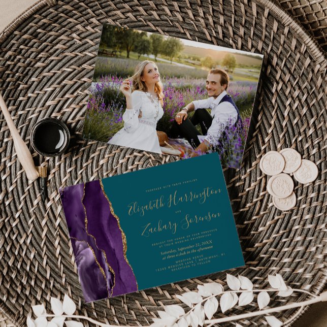 Convite Casamento Ágata Dourada Roxa Foto Moderna Verde-az (Criador carregado)
