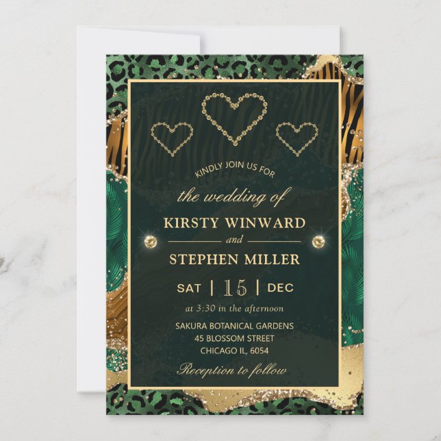 Convite Casamento Ágata Safari da Selva Verde e Dourado (Frente)