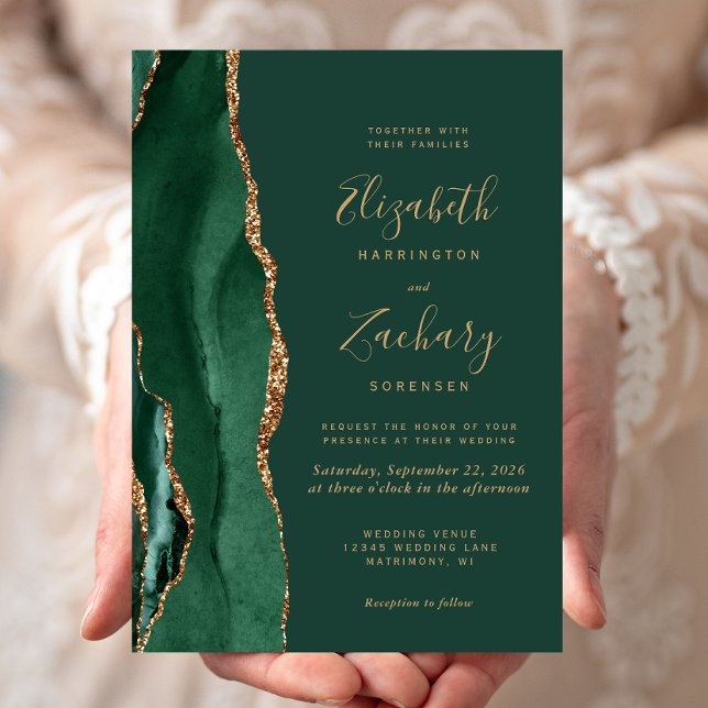 Convite Casamento Ágata Verde Esmeralda Chic Dourado (Criador carregado)