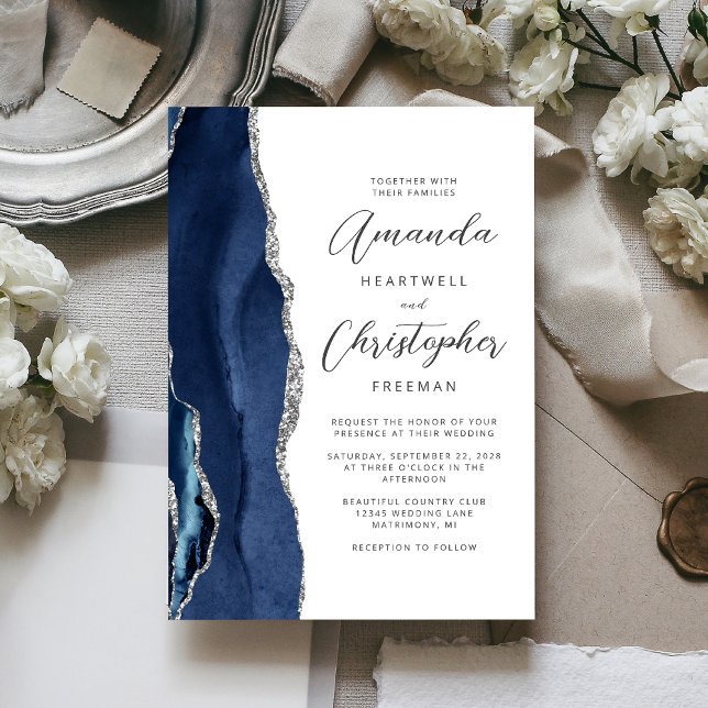 Convite Casamento Agate Azul Marinho Prata Script (Criador carregado)