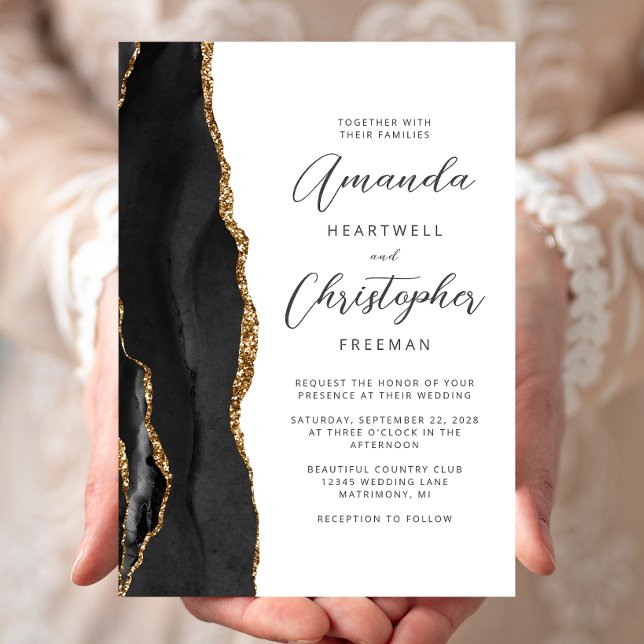 Convite Casamento Agate Black Gold Script (Criador carregado)