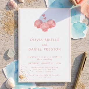 Convite Casamento Água-Marinha Aquarela Conchas Rosa