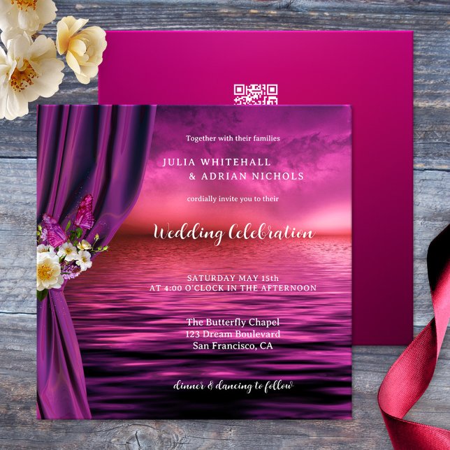 Convite Casamento All-in-one com Borboleta Chic Purple Boh (Boho chic all-in-one wedding invitation showing an ocean with roses and butterflies in purple pink)