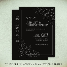 Convite Casamento All-in-One da Folhagem Negra Moderna
