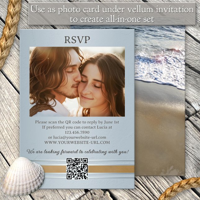 Convite Casamento All-in-One da Ocean Beach Elegant (Modern photo all-in-one invitation featuring a beach with waves flowing on the sand - add to vellum)