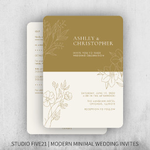 Convite Casamento All-in-One de Contorno de Folhagem Doura
