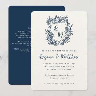 Convite Casamento All-in-one de Pé Azul Monograma Azul de