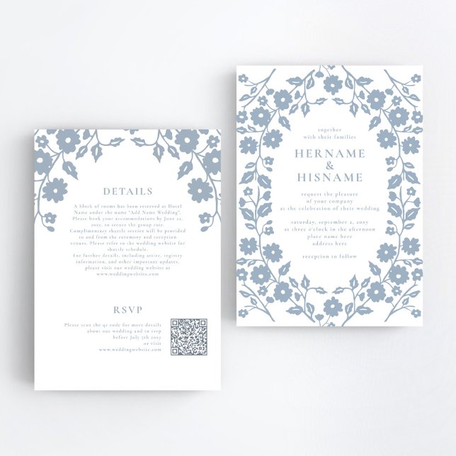 Convite Casamento All-In-One de RSVP de QR Floral de Folk  (Criador carregado)