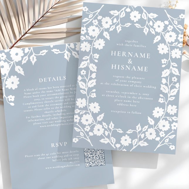 Convite Casamento All-In-One de RSVP QR Floral Branco Dust (Criador carregado)