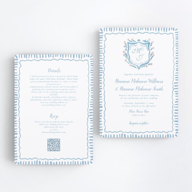 Convite Casamento All-In-One do Bespoke Blue Crest QR RSVP (Criador carregado)
