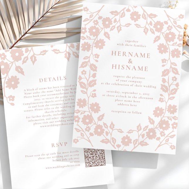 Convite Casamento All-In-One do Blush Folk Floral QR RSVP (Criador carregado)