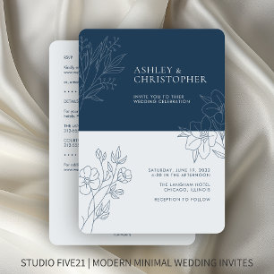 Convite Casamento All-in-One do Contorno de Folhagem Azul