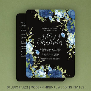 Convite Casamento All-in-One Floral Azul Elegante