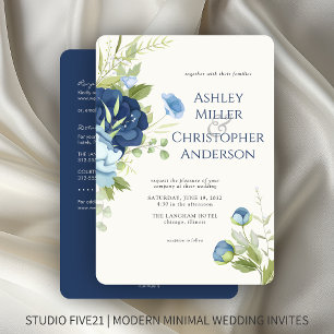 Convite Casamento All-in-One Floral Azul Elegante