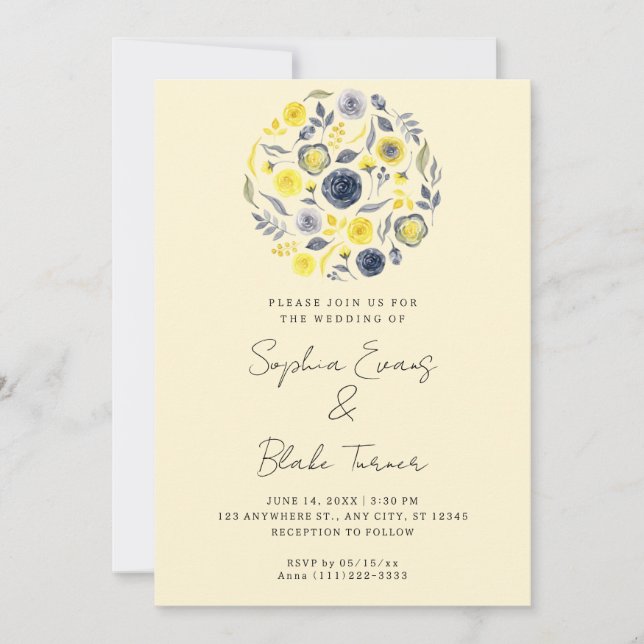 Convite Casamento Amarelo-abstrato e Buquê Azul Amarelo (Frente)