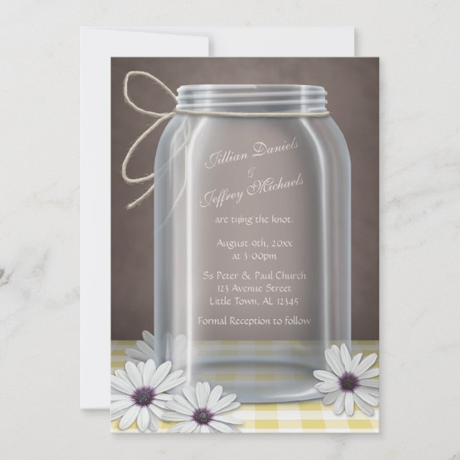 Convite Casamento Amarelo-Amarelo do Campo Mason Jar Daisy (Frente)