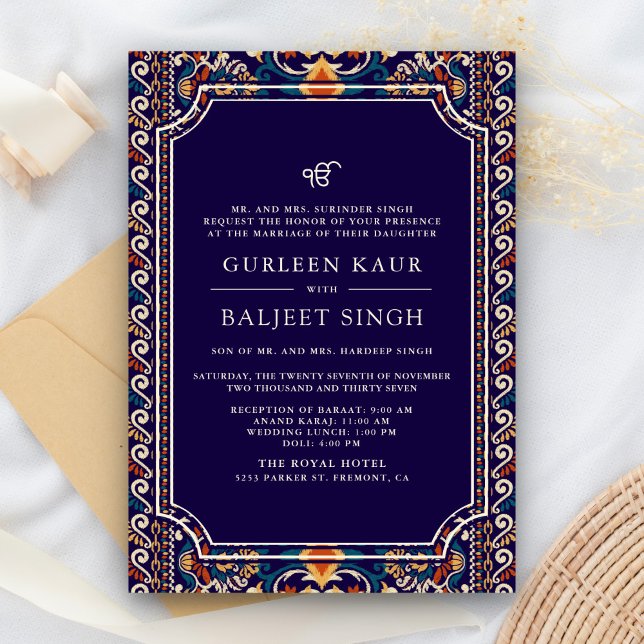 Convite Casamento Amarelo Azul Escuro Anand Karaj Sikh (Criador carregado)