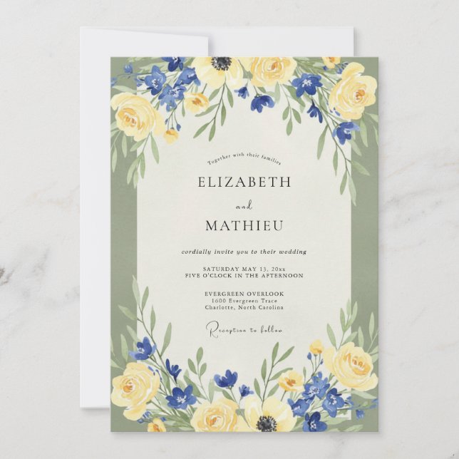 Convite Casamento Amarelo Azul Ranunculus Eucalipto (Frente)