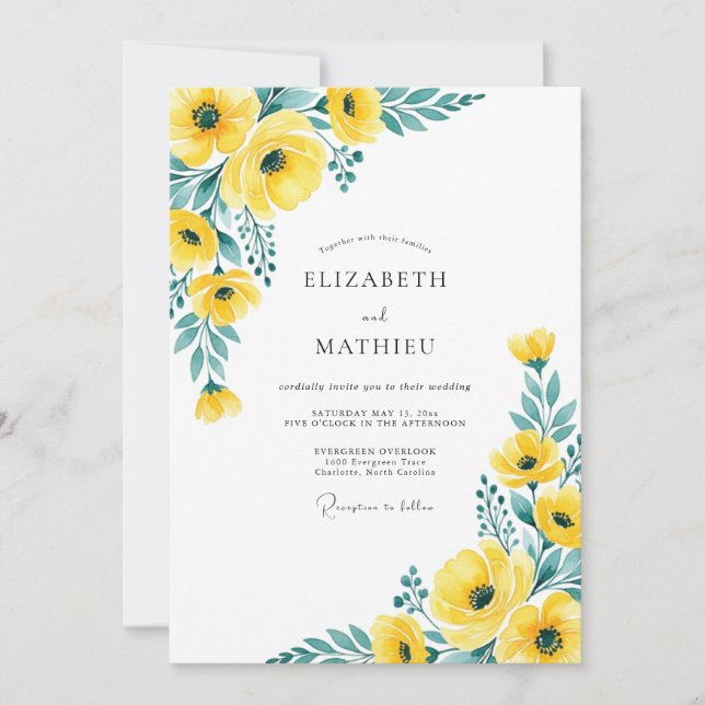 Convite Casamento Amarelo Azul Turquesa Alegre de Primaver (Frente)