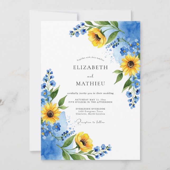 Convite Casamento Amarelo Azure Exuberante de Verão (Frente)