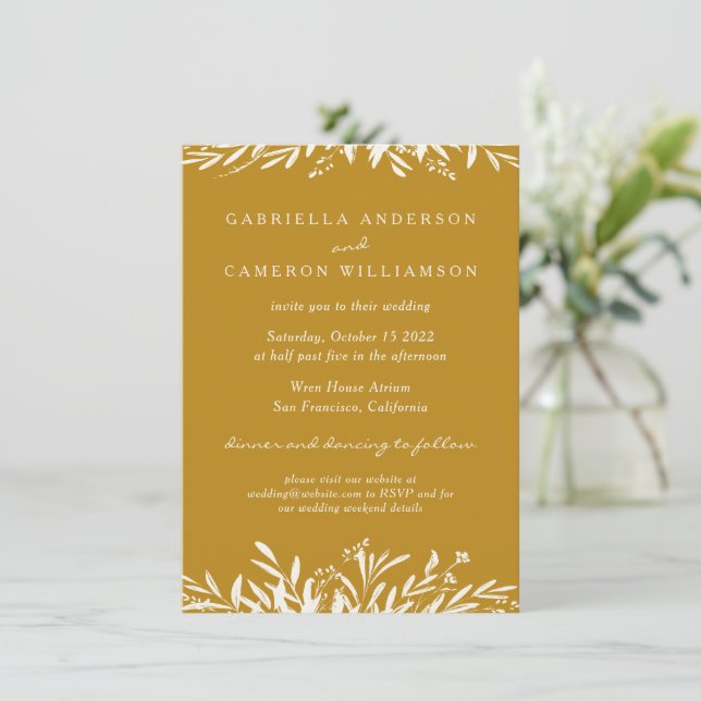 Convite Casamento Amarelo-Boho Simples De Mostarda Floral  (Em pé/Frente)