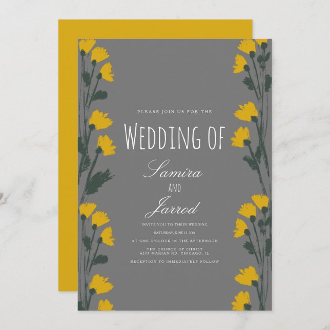 Convite Casamento Amarelo Botânico Floral Selvagem Desenha (Frente/Verso)