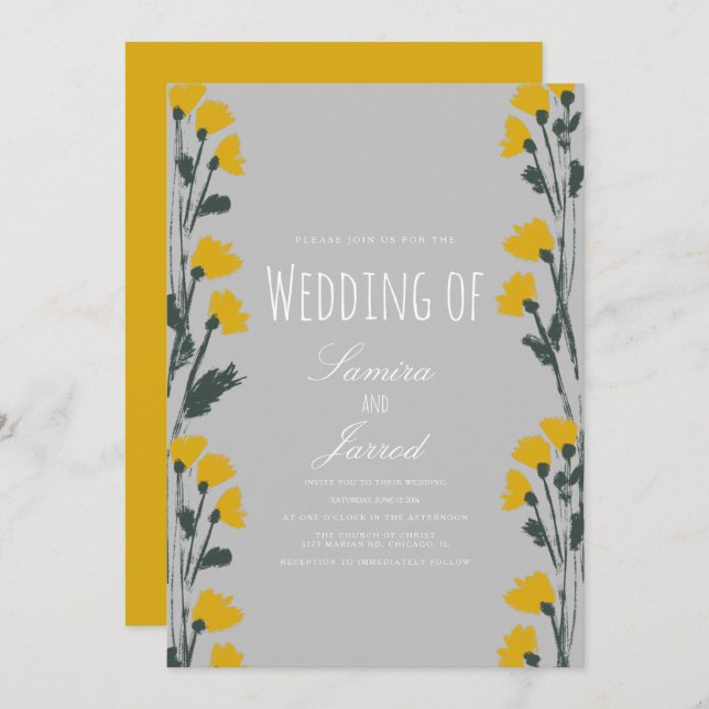 Convite Casamento Amarelo Botânico Floral Selvagem Desenha (Frente/Verso)