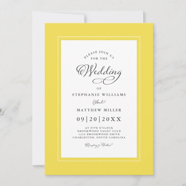 Convite Casamento Amarelo Branco Elegante Quadro de Caligr (Frente)