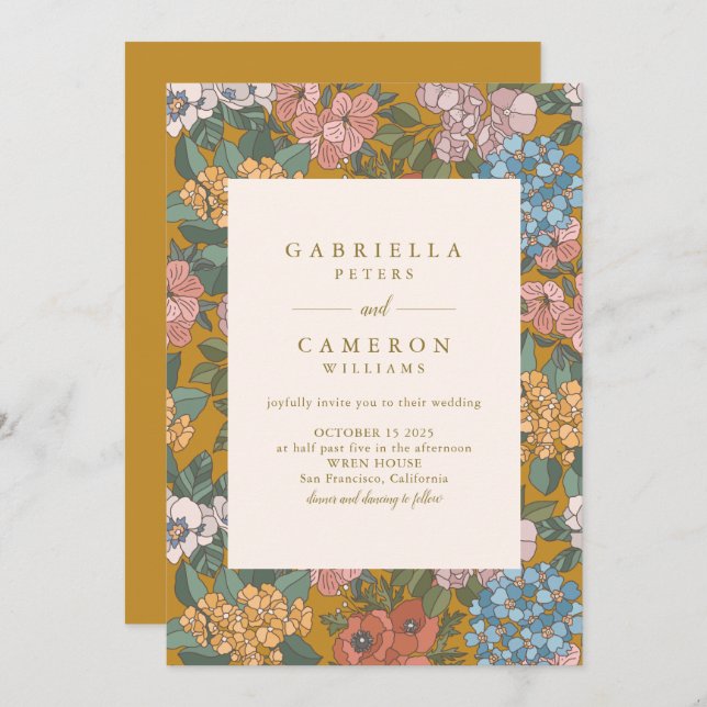 Convite Casamento Amarelo da Mostarda Floral Moderna Boho (Frente/Verso)