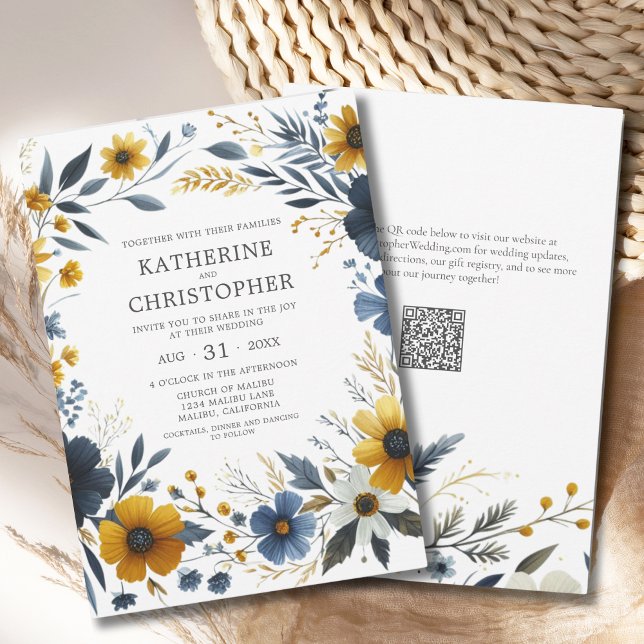 Convite Casamento Amarelo de Flores Selvagens Elegante De  (Blue Yellow Watercolor Wildflowers Elegant Wedding Invitation with QR Code for Wedding Website.)
