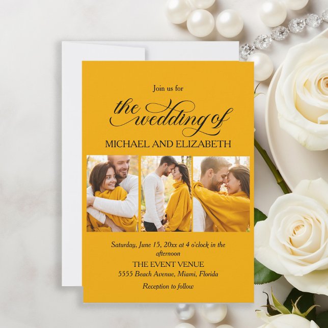 Convite Casamento Amarelo de Foto do Script 3 Elegante (Elegant yellow wedding photo invitation)
