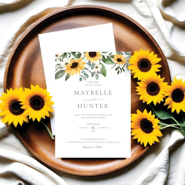 Convite Casamento Amarelo De Girassóis E Flores Selvagens (Yellow Watercolor Sunflowers & Wildflower Wedding Invitation)