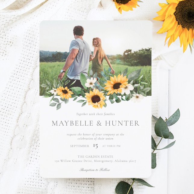 Convite Casamento Amarelo De Girassóis E Flores Selvagens (Yellow Watercolor Sunflowers & Wildflower Wedding Invitation)