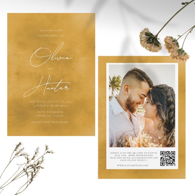 Convite Casamento Amarelo de Mostarda de Código QR Elegant (Criador carregado)