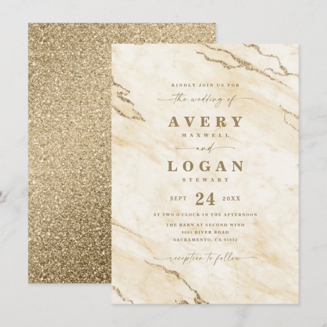 Convite Casamento Amarelo e Dourado de mármore e relâmpago (Frente/Verso)