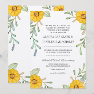 Convite Casamento Amarelo e Verde Floral de Aquarela Elega