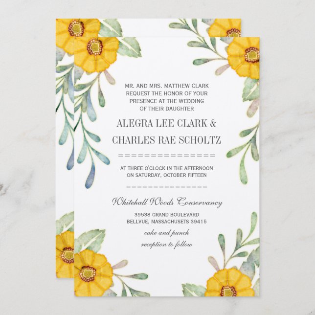 Convite Casamento Amarelo e Verde Floral de Aquarela Elega (Frente/Verso)