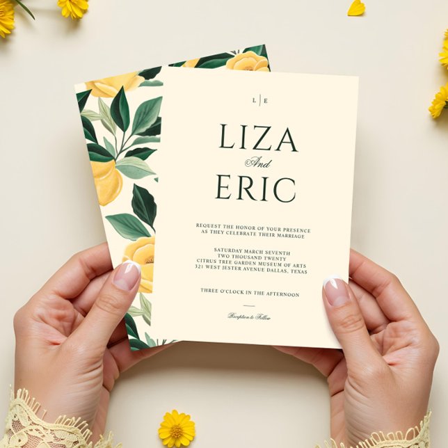 Convite Casamento Amarelo Elegante de Árvore Floral do Lem (Lemon Blossom Floral Tree Elegant Yellow Wedding Invitation)