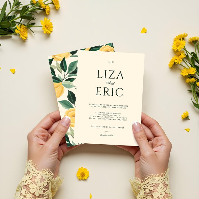 Convite Casamento Amarelo Elegante de Árvore Floral do Lem (Lemon Blossom Floral Tree Elegant Yellow Wedding Invitation)