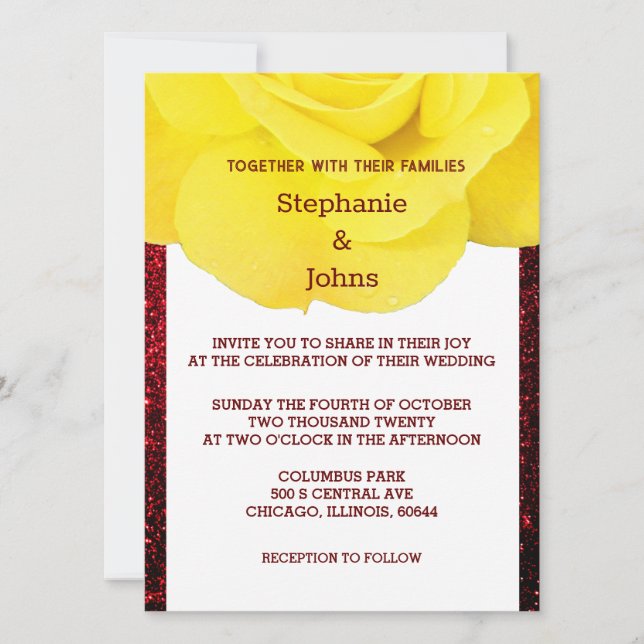 Convite Casamento Amarelo Floral Borgonha Vermelha (Frente)