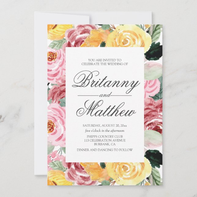 Convite Casamento Amarelo Floral de Watercolor (Frente)