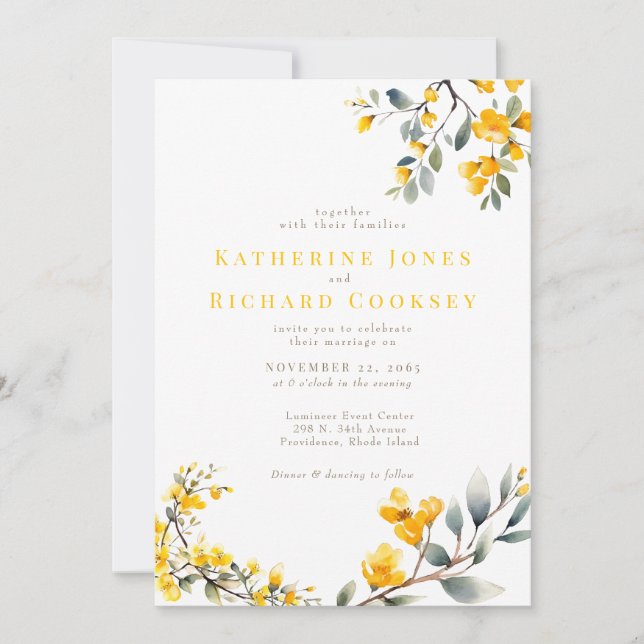 Convite Casamento Amarelo Floral Sem Pais Moderno (Frente)